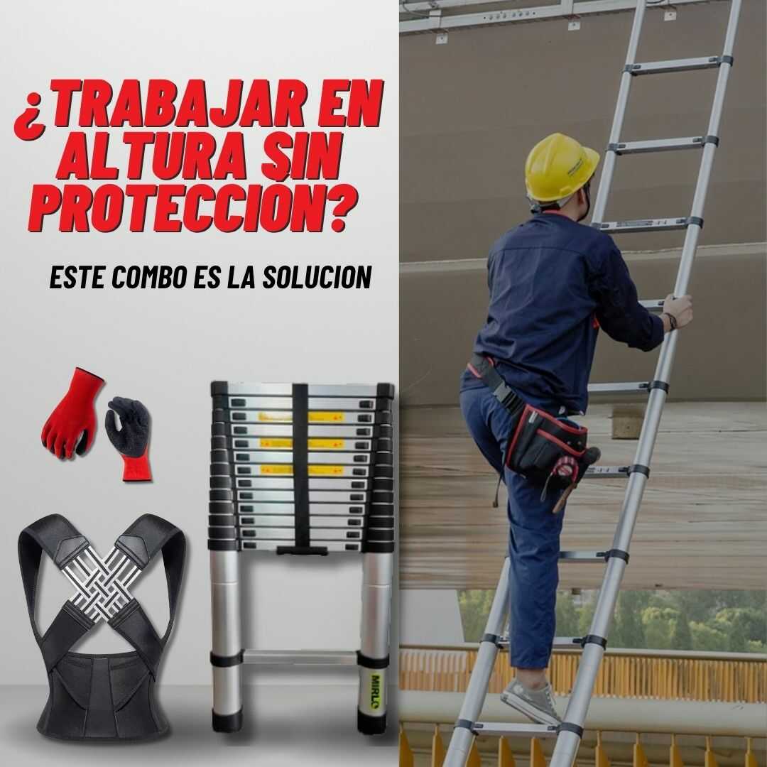 “Combo Pro Altura: Escalera Telescópica + Guantes + Corrector de postura”