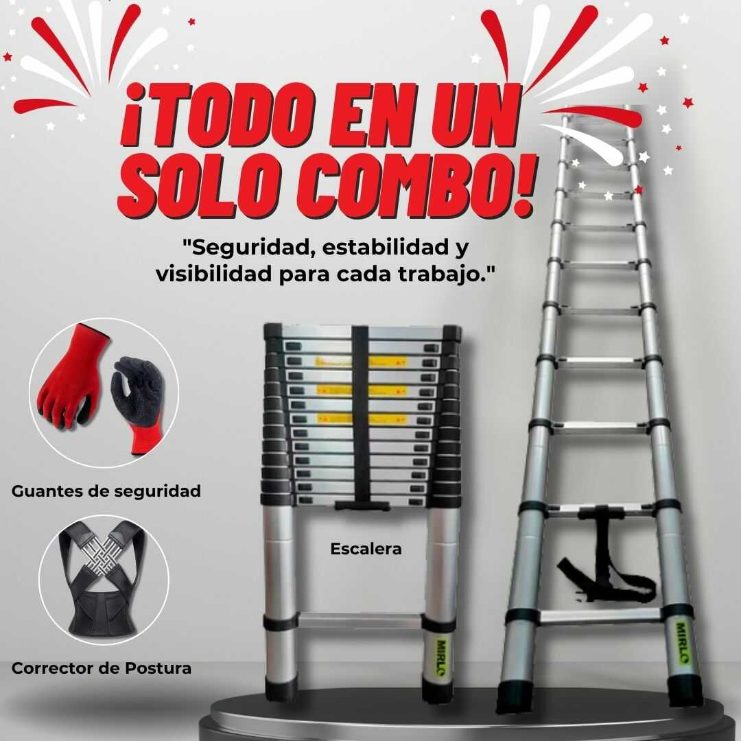 “Combo Pro Altura: Escalera Telescópica + Guantes + Corrector de postura”