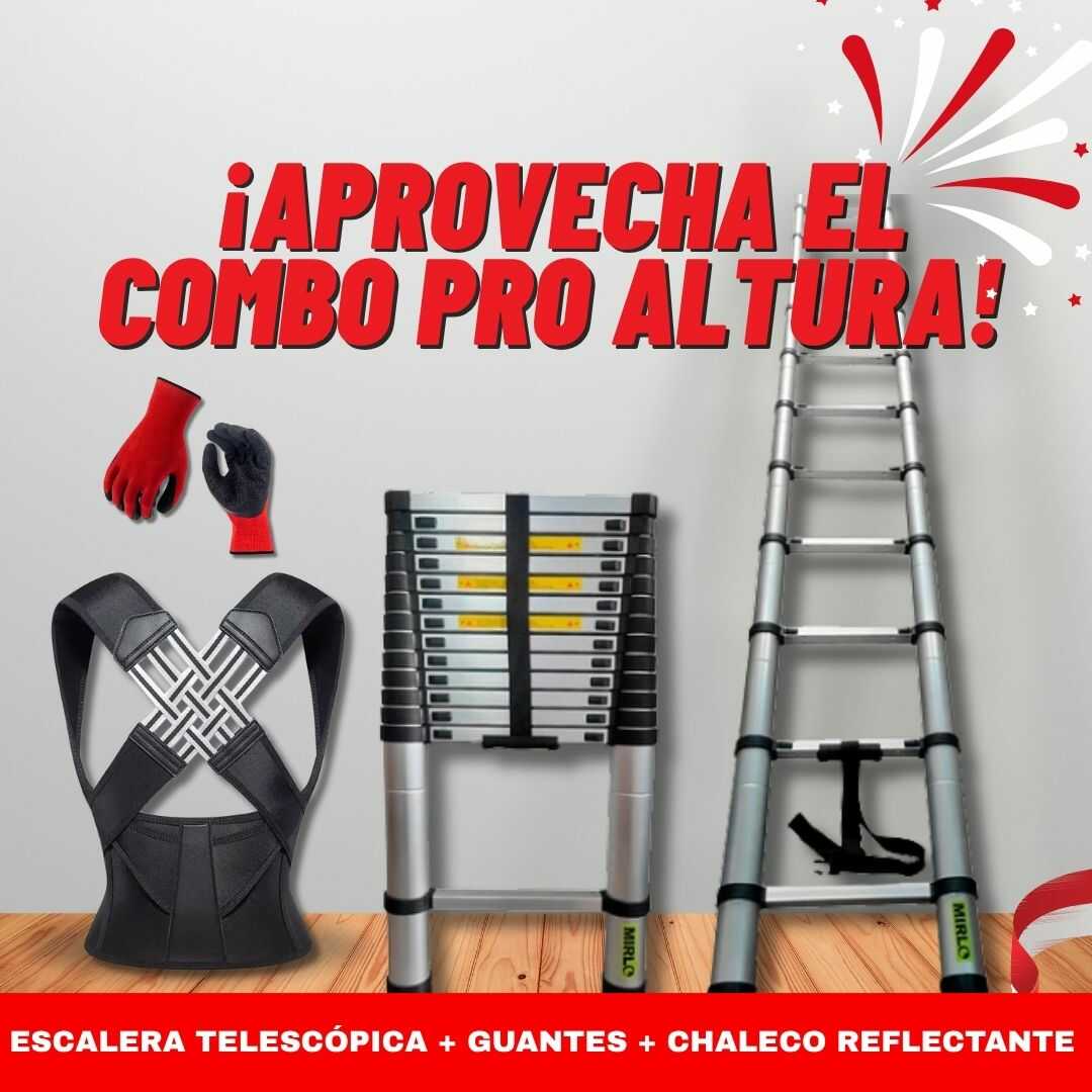 “Combo Pro Altura: Escalera Telescópica + Guantes + Corrector de postura”