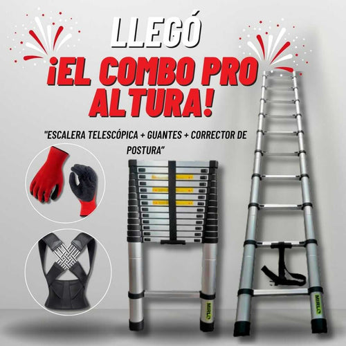 “Combo Pro Altura: Escalera Telescópica + Guantes + Corrector de postura”