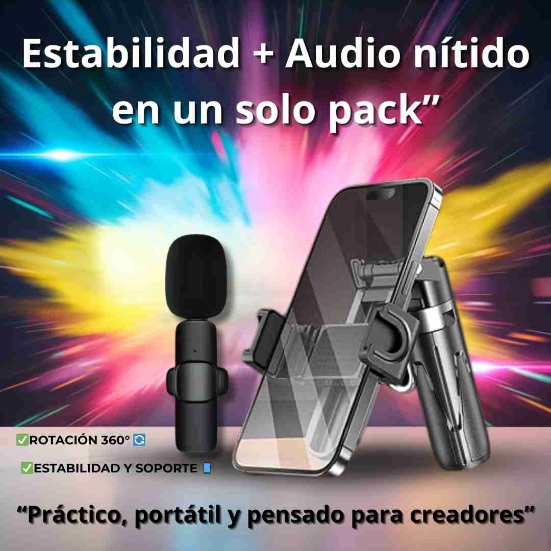 ✨ Tu Estudio Portátil: Trípode 360° + Micrófono Solapero