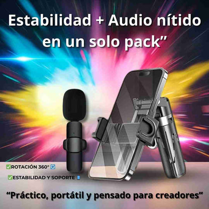 ✨ Tu Estudio Portátil: Trípode 360° + Micrófono Solapero