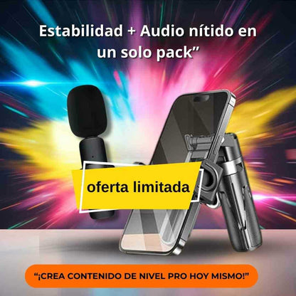 ✨ Tu Estudio Portátil: Trípode 360° + Micrófono Solapero