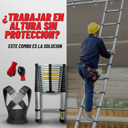 “Combo Pro Altura: Escalera Telescópica + Guantes + Corrector de postura”